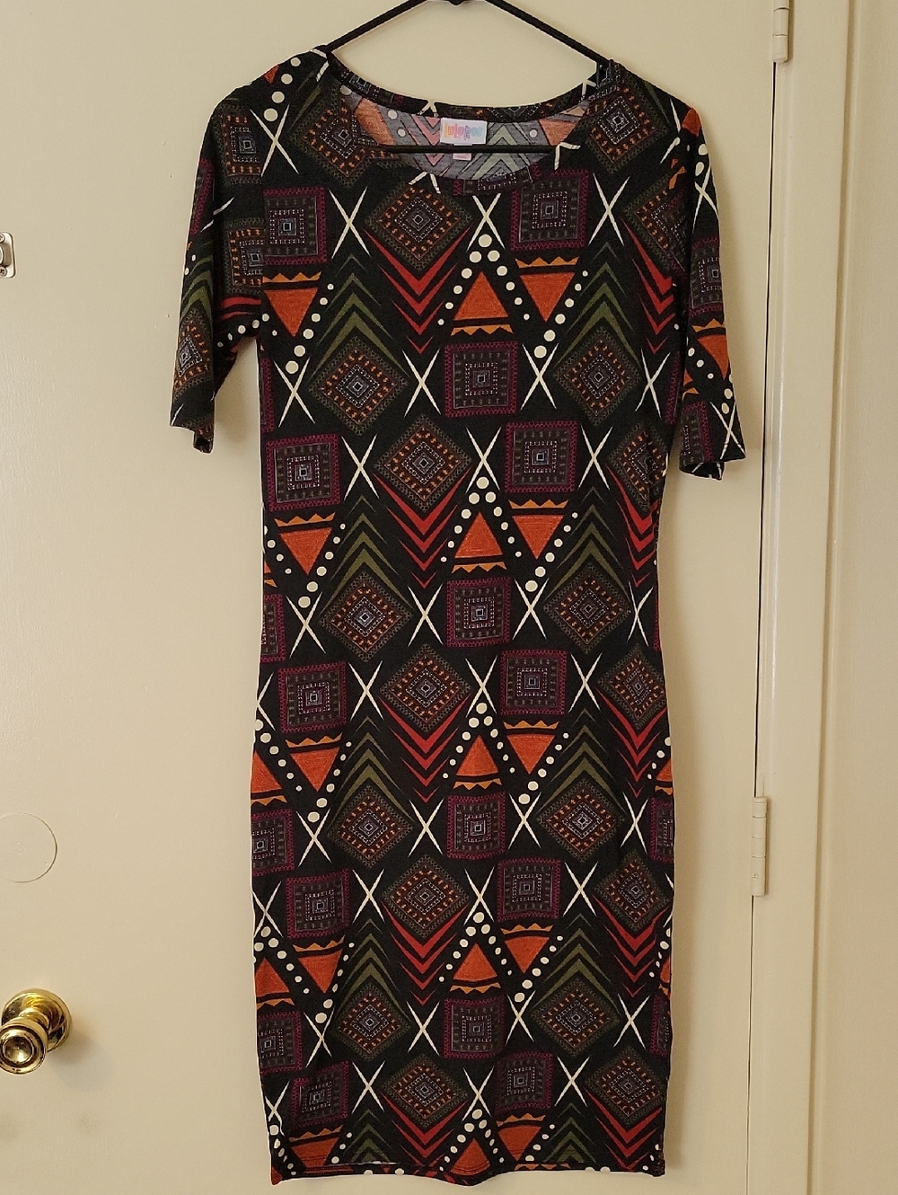 LuLaRoe Geometric Midi Dress in Black, Rust, Purple